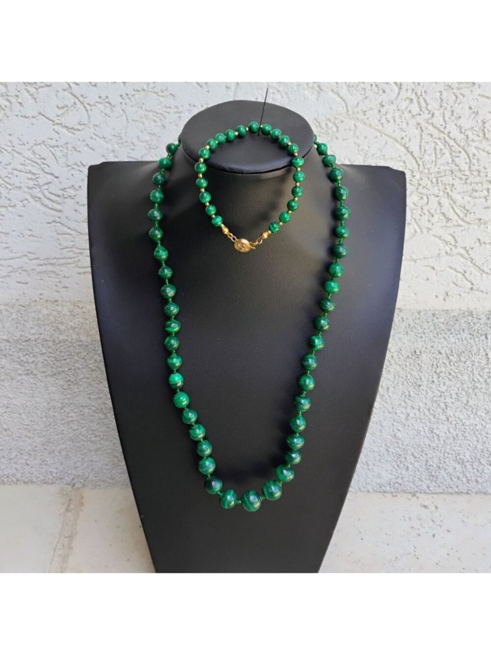 Vtg Handmade Graduated Malachite Bead 23" Necklace & Bracelet Set 84.1g